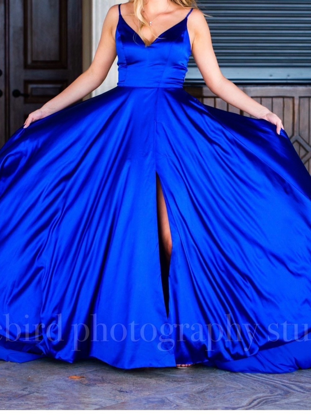 Formal Sherri Hill Royal Blue Satin V-Neck Maxi Gown